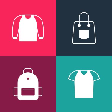 Set pop art T-shirt School backpack Handbag and Sweater icon. Vector.
