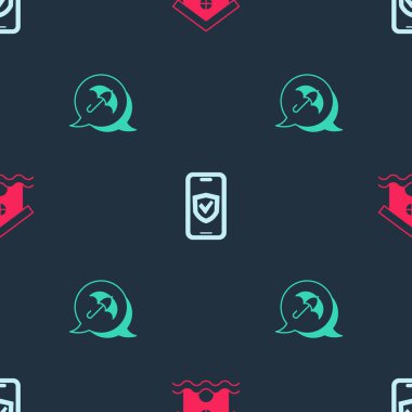 Set House flood Insurance online and Umbrella on seamless pattern. Vector.