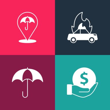 Set pop art Money with shield Umbrella Burning car and icon. Vector.