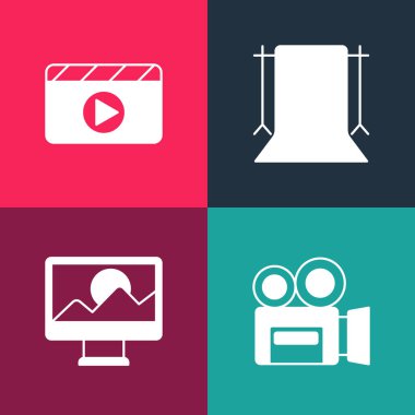 Set pop art Retro cinema camera Photo retouching Empty photo studio and Movie clapper icon. Vector.