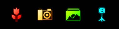 Set Photo mode macro camera frame and Studio light bulb in softbox icon. Vector.