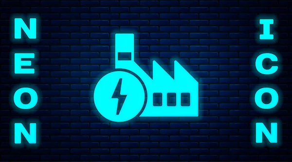 Glowing Neon Nuclear Power Plant Icon Isolated Brick Wall Background — Stock Vector