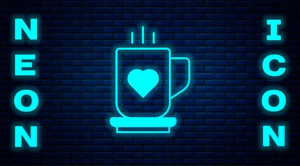 Neon Incandescente Tazza Caffè Icona Del Cuore Isolato Sfondo Muro — Vettoriale Stock