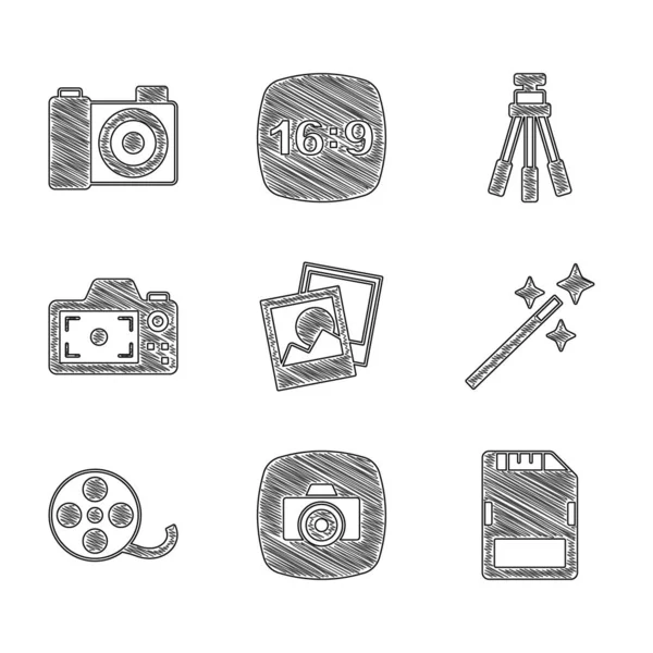 Set Photo Frame Camera Card Retouching Film Reel Tripod Icon —  Vetores de Stock