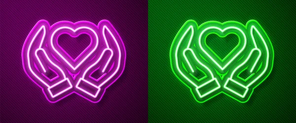 Glödande Neon Line Hjärta Hand Ikon Isolerad Lila Och Grön — Stock vektor