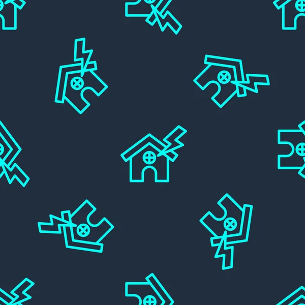 Green Line House Lightning Icon Isolated Seamless Pattern Blue Background — Stock vektor