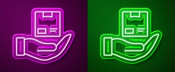Glowing Neon Line Delivery Insurance Icon Isolated Purple Green Background — Vector de stock