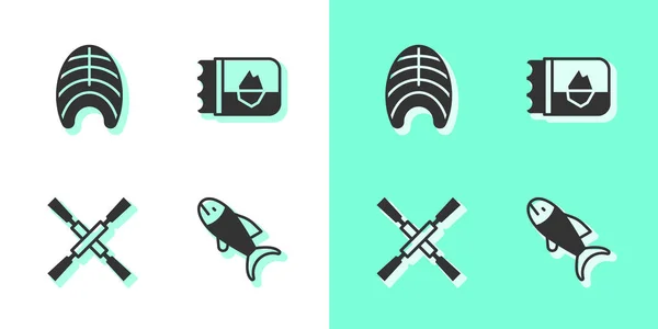 Set Fish Steak Oars Paddles Boat Ticket Iceland Icon Vector — Image vectorielle