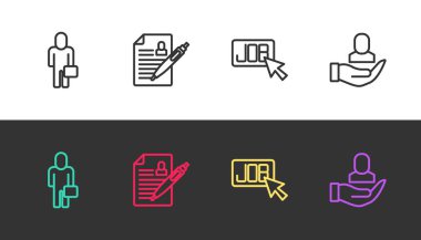 Set line Businessman Resume Search job and Worker on black and white. Vector.