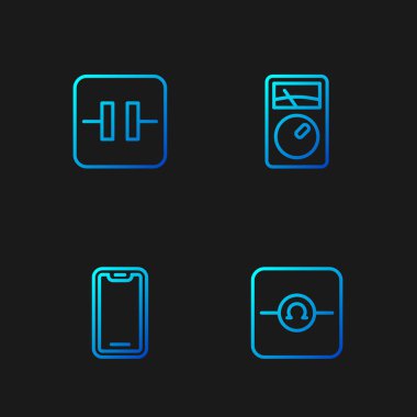 Set line Ohmmeter Mobile phone Electrolytic capacitor and Ampere multimeter. Gradient color icons. Vector.