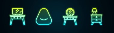 Set line Dressing table Pouf and Nightstand with lamp. Glowing neon icon. Vector.