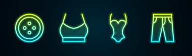 Set line Sewing button for clothes Female crop top Swimsuit and Pants. Glowing neon icon. Vector.