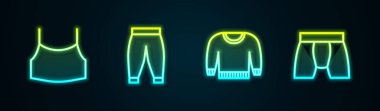 Set line Female crop top Pants Sweater and Men underpants. Glowing neon icon. Vector.