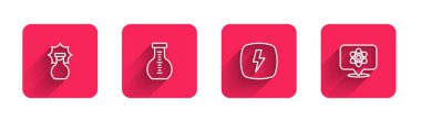 Set line Explosion in the flask Test tube Lightning bolt and Atom with long shadow. Red square button. Vector.