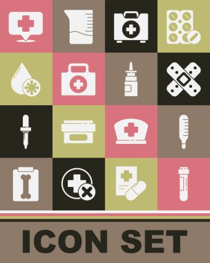 Set Test tube with blood Medical thermometer Crossed bandage plaster First aid kit Blood test virus Map pointer cross hospital and Bottle nasal spray icon. Vector.
