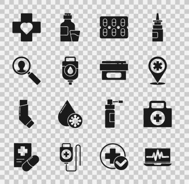 Set Laptop with cardiogram First aid kit Map pointer cross hospital Pills blister pack IV bag Medical analysis Heart and Ointment cream tube medicine icon. Vector.