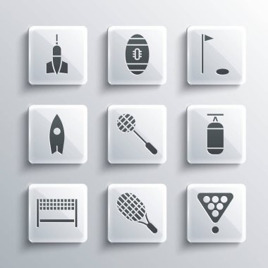 Set Tennis racket Billiard balls in triangle Punching bag Ribbon finishing line Surfboard Dart arrow and Golf flag icon. Vector.