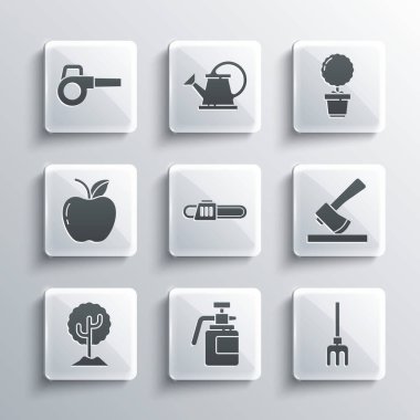 Set Garden sprayer for fertilizer rake Wooden axe Chainsaw Tree Apple Leaf garden blower and Flower pot icon. Vector.