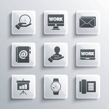 Set Wrist watch Telephone Laptop with text work Hand for search people Chalkboard diagram Address book Clock and Envelope icon. Vector.