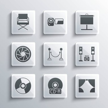 Set CD or DVD disk Curtain Home stereo with two speakers Rope barrier Camera shutter Director movie chair and Projection screen icon. Vector.