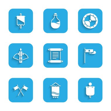 Set Decree parchment scroll Medieval flag Crossed medieval Battle crossbow with arrow Round wooden shield and icon. Vector.