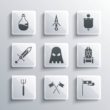 Set Crossed medieval flag Medieval throne Executioner mask Garden pitchfork sword Old bottle of wine and icon. Vector.