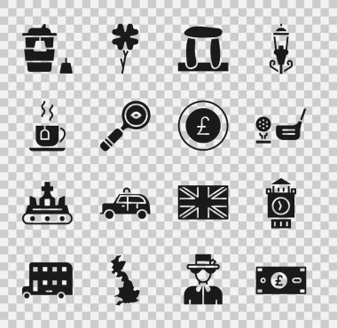 Set Pound sterling money Big Ben tower Golf club with ball tee Stonehenge Magnifying glass Cup of tea tea bag Coffee cup go and Coin pound icon. Vector.