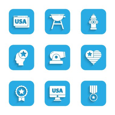 Set Cannon USA monitor Medal with star Independence day Head Fire hydrant and browser icon. Vector.