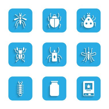 Set Beetle bug Glass jar Book about insect Mosquito Centipede deer Ladybug and icon. Vector.