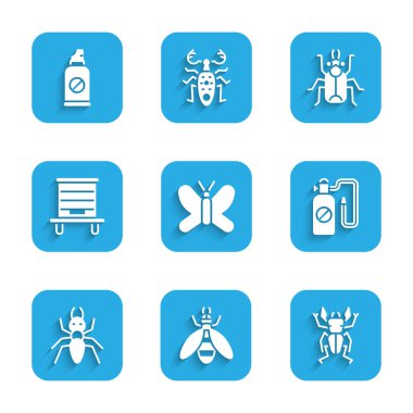 Set Butterfly Bee Beetle deer Pressure sprayer Ant Hive for bees bug and Spray against insects icon. Vector.
