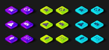 Set Gives lecture Rope barrier Rock stones King crown Earth globe and Glass showcase for exhibit icon. Vector.