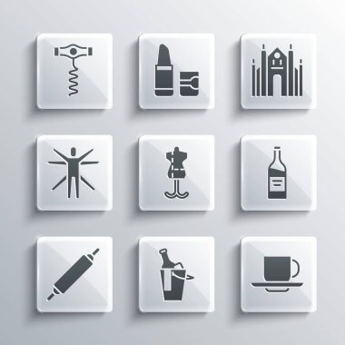 Set Bottle of wine in bucket Coffee cup Mannequin Rolling pin Vitruvian Wine corkscrew and Milan Cathedral icon. Vector.