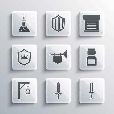 Set Medieval sword Poison in bottle Trumpet with flag Gallows Shield crown Sword the stone and Decree parchment scroll icon. Vector.