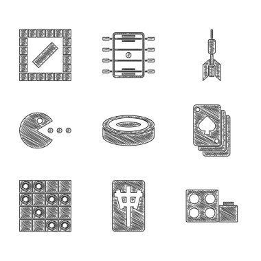 Set Checker game chips Mahjong pieces Toy building block bricks Playing cards Board of checkers Pacman with eat Dart arrow and icon. Vector.