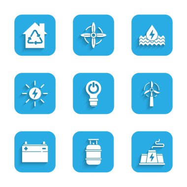 Set Light bulb with lightning Propane gas tank Power station plant factory Wind turbine Car battery Solar energy panel Water and Eco House recycling icon. Vector.