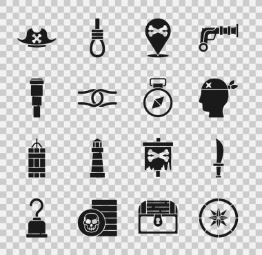 Set Compass Pirate sword captain Location pirate Rope tied knot Spyglass telescope lens hat and icon. Vector.