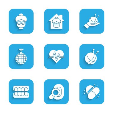 Set Heart rate Hearing aid Medicine pill or tablet Yarn ball with knitting needles False jaw Disco and Grandmother icon. Vector.