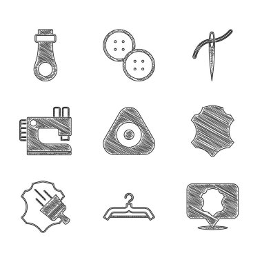 Set Sewing chalk Hanger wardrobe Leather machine Needle with thread and Zipper icon. Vector.