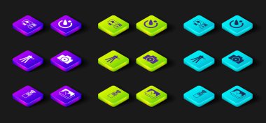 Set Remote control for camera Photo frame Tripod Camera timer and retouching icon. Vector.