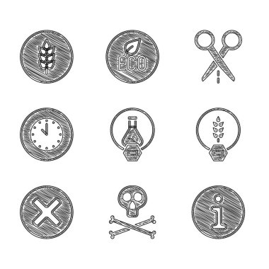Set Test tube and flask Bones skull warning Information Gluten free grain X Mark Cross circle Clock Scissors with cut line and Wheat icon. Vector.
