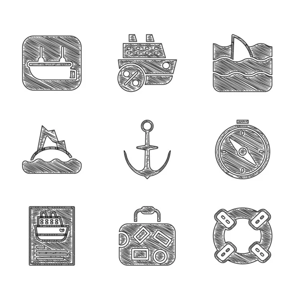 Set Anchor Suitcase Lifebuoy Compass Cruise Ship Tropical Island Ocean — Stock Vector