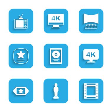 Set CD disk award in frame Movie trophy Play video 4k Ultra HD Cinema ticket Walk of fame star auditorium with screen and Retro tv icon. Vector.