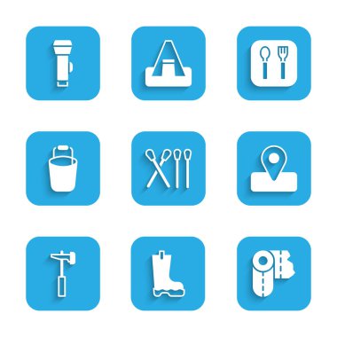 Set Match stick Waterproof rubber boot Paper towel roll Location for camping Hammer Bucket Fork and spoon and Flashlight icon. Vector.