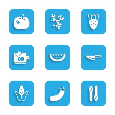 Set Watermelon Eggplant Asparagus Knife Corn Cutting board with vegetables Strawberry and Pumpkin icon. Vector.