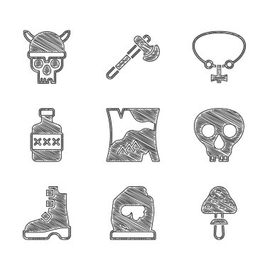 Set Folded map Magic rune Mushroom Skull Ancient viking boots Whiskey bottle Necklace with gem and helmet icon. Vector.