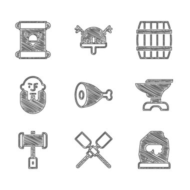 Set Chicken leg Oars or paddles boat Magic rune Anvil for blacksmithing Battle hammer Viking head Wooden barrel and Decree parchment scroll icon. Vector.