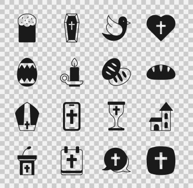 Set Christian cross Church building bread Dove Burning candle candlestick Easter egg cake and icon. Vector.