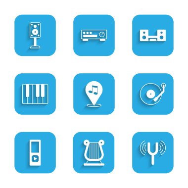 Set Location musical note Ancient Greek lyre Musical tuning fork Vinyl player synthesizer Home stereo with two speakers and Stereo icon. Vector.