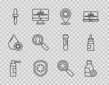 Set line Bottle with nozzle spray of medicine syrup Map pointer cross hospital Medical shield Pipette analysis Magnifying glass for search medical and nasal icon. Vector.