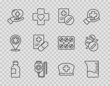 Set line Bottle of medicine syrup Measuring cup Medical prescription IV bag Heart with cross Nurse hat and Medicine pill or tablet icon. Vector.